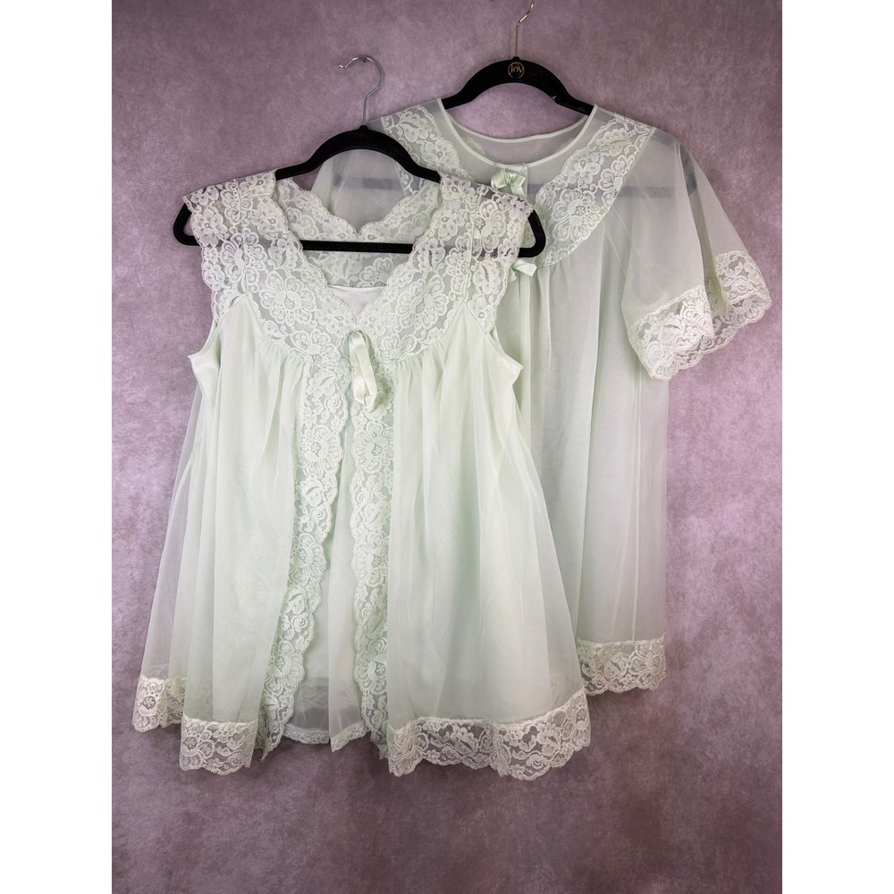 VTG 60s Shadowline Lingerie Set Small Mint Lace Babydoll Bed Jacket Peignoir